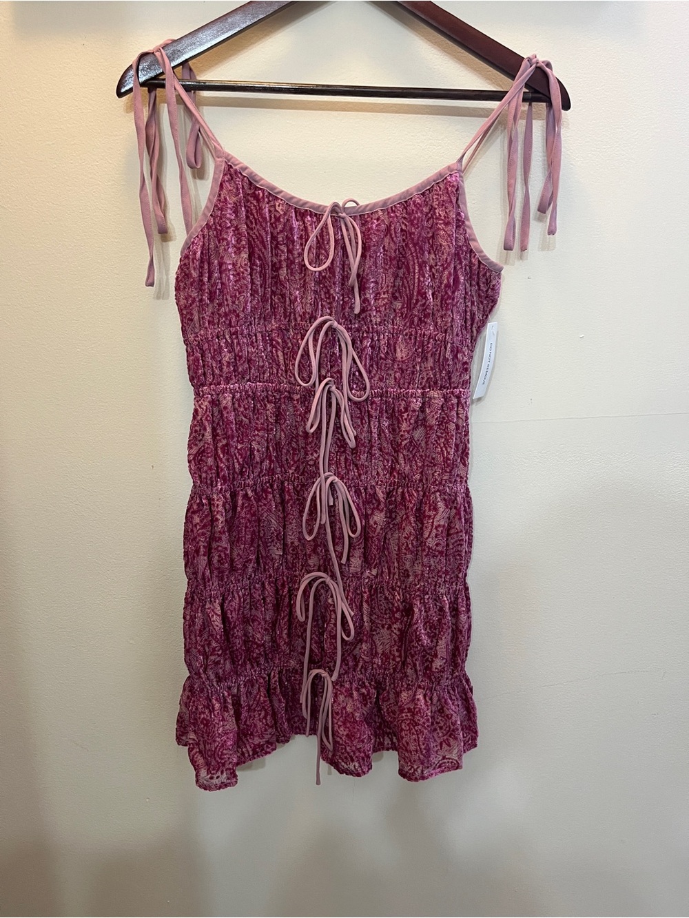 For Love And Lemons Pink Tie-Detail Smocked Sundress